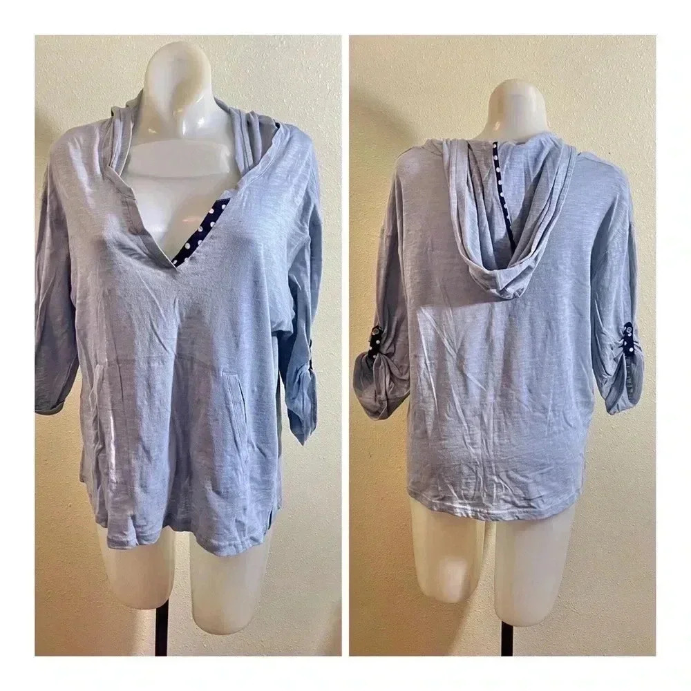 Comme Toi Size S Blue Hooded Slub Cotton Top Roll Tab Sleeve Nautical Polka Dots
